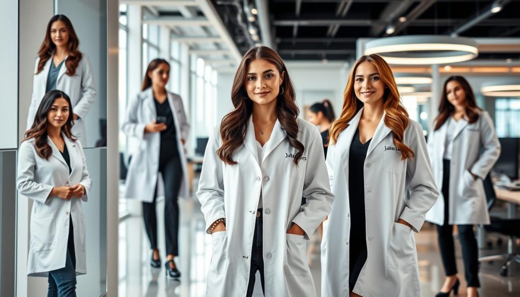 Jalecos brancos femininos em ambientes de trabalho